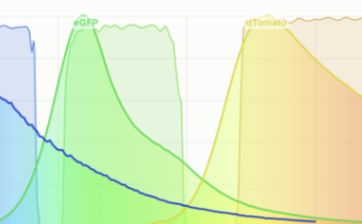 BrainSaw Channel Chooser showing eGFP and tdTomato emission spectra against the microscope's filter bands